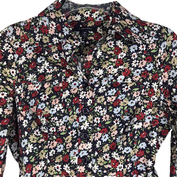 Lands End Shirtwaist Dress Fit & Flare 3/4 Sleeve Collar Floral Pockets 2 Petite - Picture 2 of 10